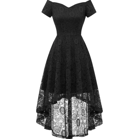 Off The Shoulder Short Sleeve High Low Lace Dress - Picture 2 of 10